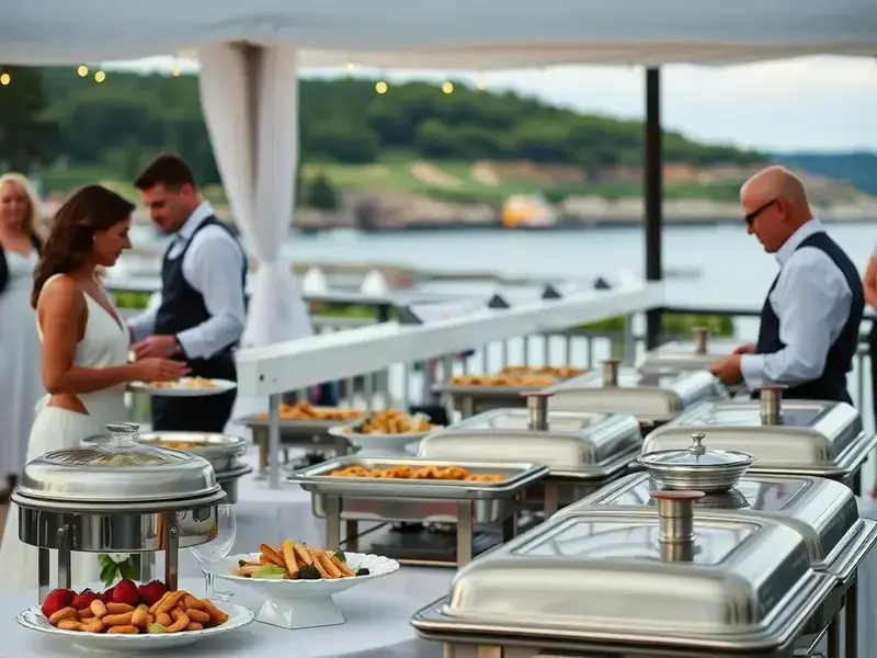 Elegant catering event setup with beautifully arranged food stations in Maine