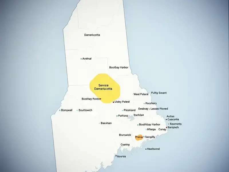 Map of Maine showing service areas including Damariscotta, Wiscasset, Boothbay Harbor, Brunswick, and surrounding communities